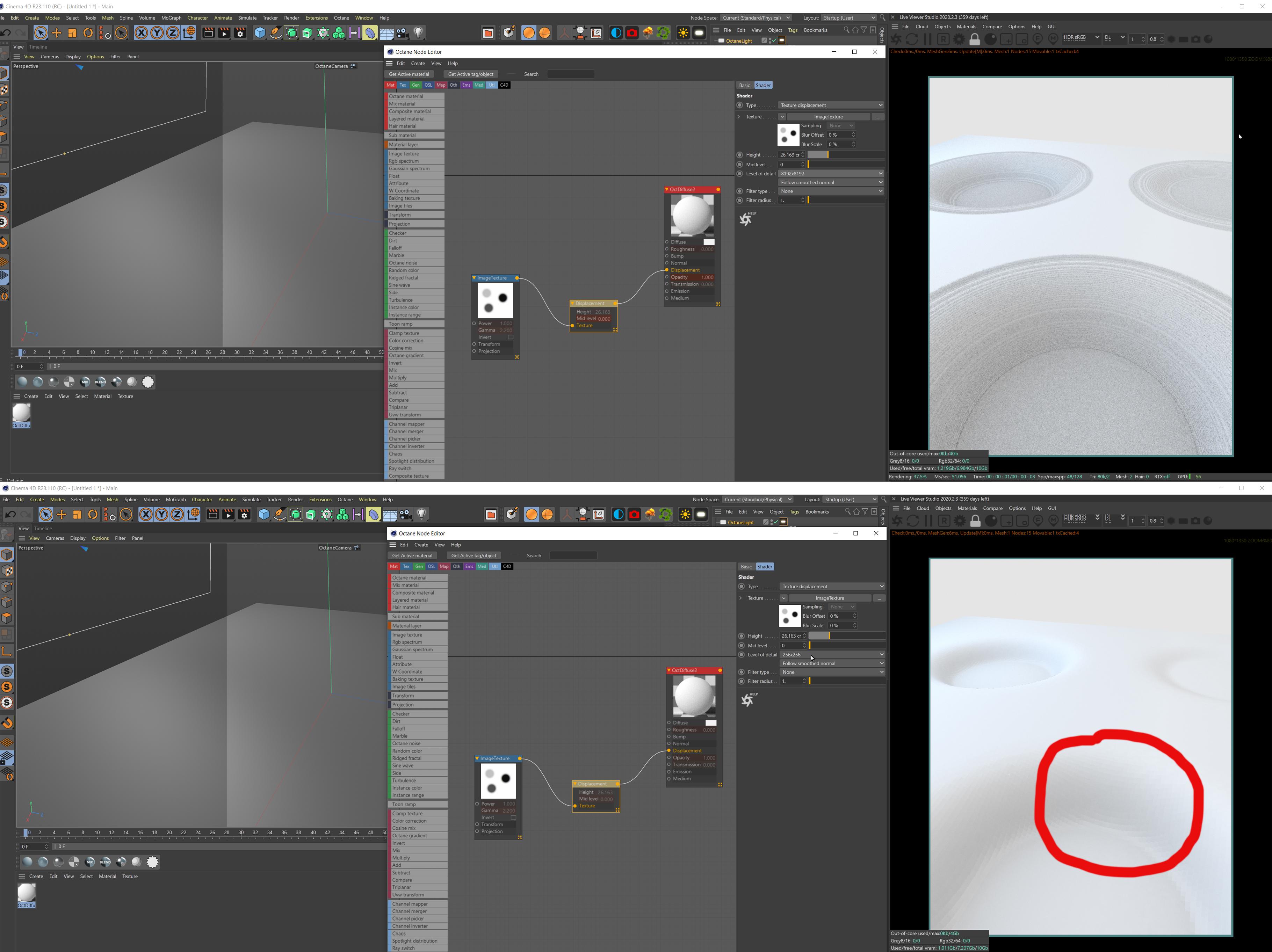 Why Are Displacement Maps Sucks I Made A Simple 8k Texture Rgb 16 Bit If Set Level Of Detail To 256x256 It Looks Pixelated If I Change It To 8192 I Get These