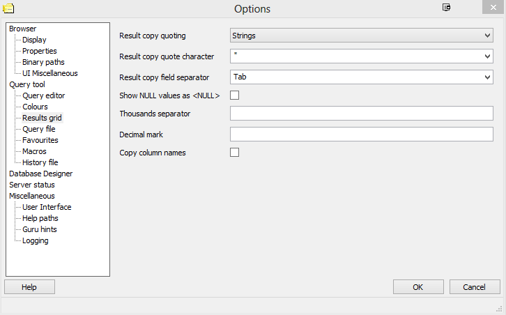 Screenshot of PgAdmin Options screen