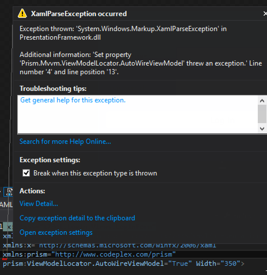 Screenshot of error