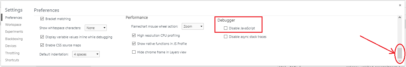 disable JavaScript in chrome developer tools