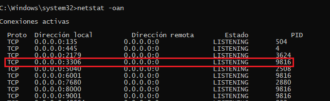 >
</p>
<p>
在我的情况下，我的docker端口是3306 6001 8000 9001。
</p>
<li>
<p>
现在我们需要释放该端口，因此我们要使用PID(列PID)终止该进程，请键入
</p>
<div class=