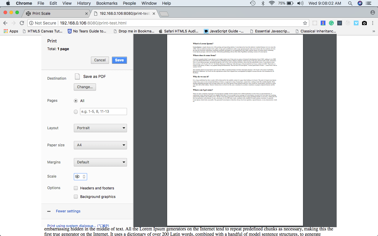 Chrome print view scaled to 50