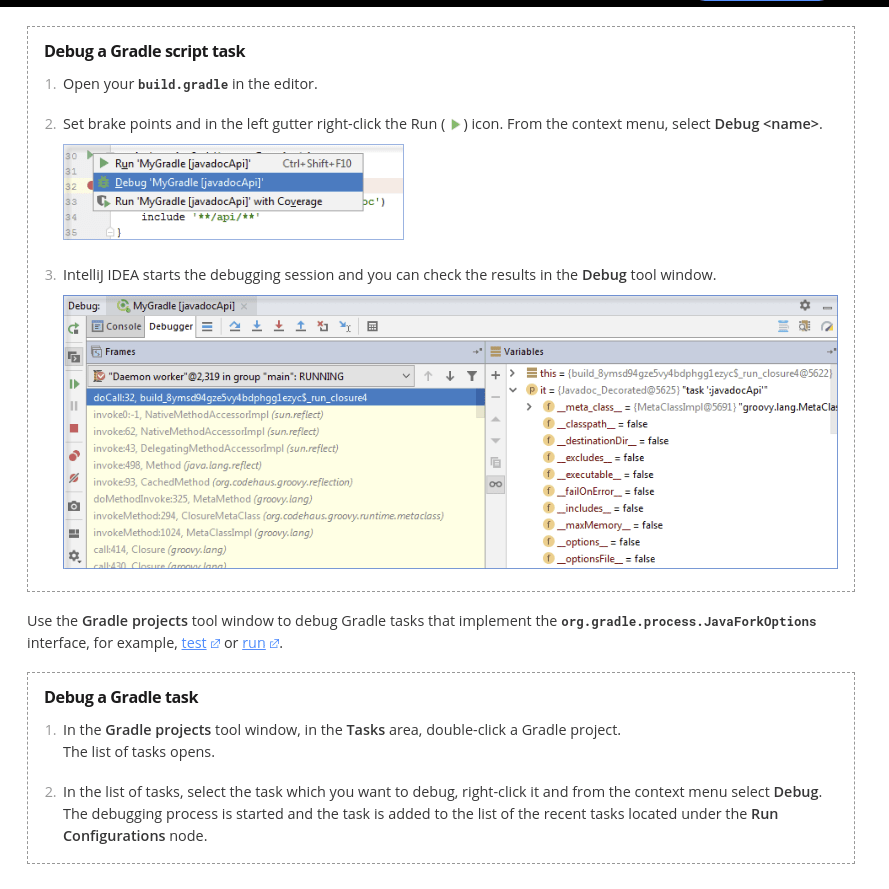 IntelliJ documentation for debugging a Gradle script task