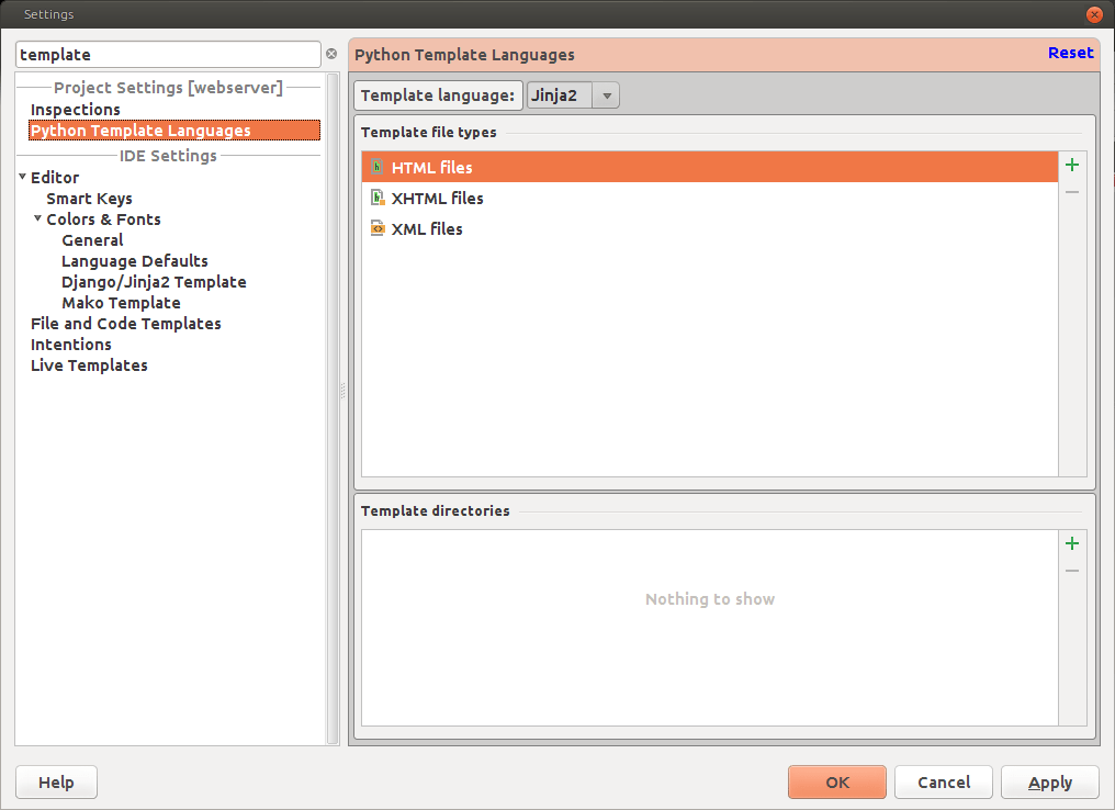 In Python Template Settings the template langauge is set to Jinja2