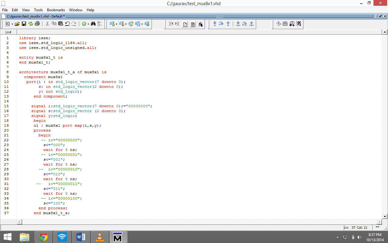 A test bench file can be a standard verilog design file (with the extension.v,.verilog, or.vh), a vhdl design file (with the extension.vhd or.vhdl), . VHDL mux 8:1 error in test bench - Stack Overflow
