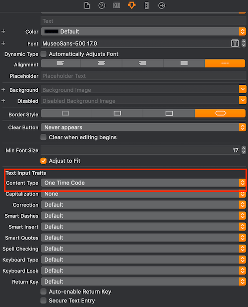 Click on Attribute inspector. Go to text input trait, click on Content type and select one time code
