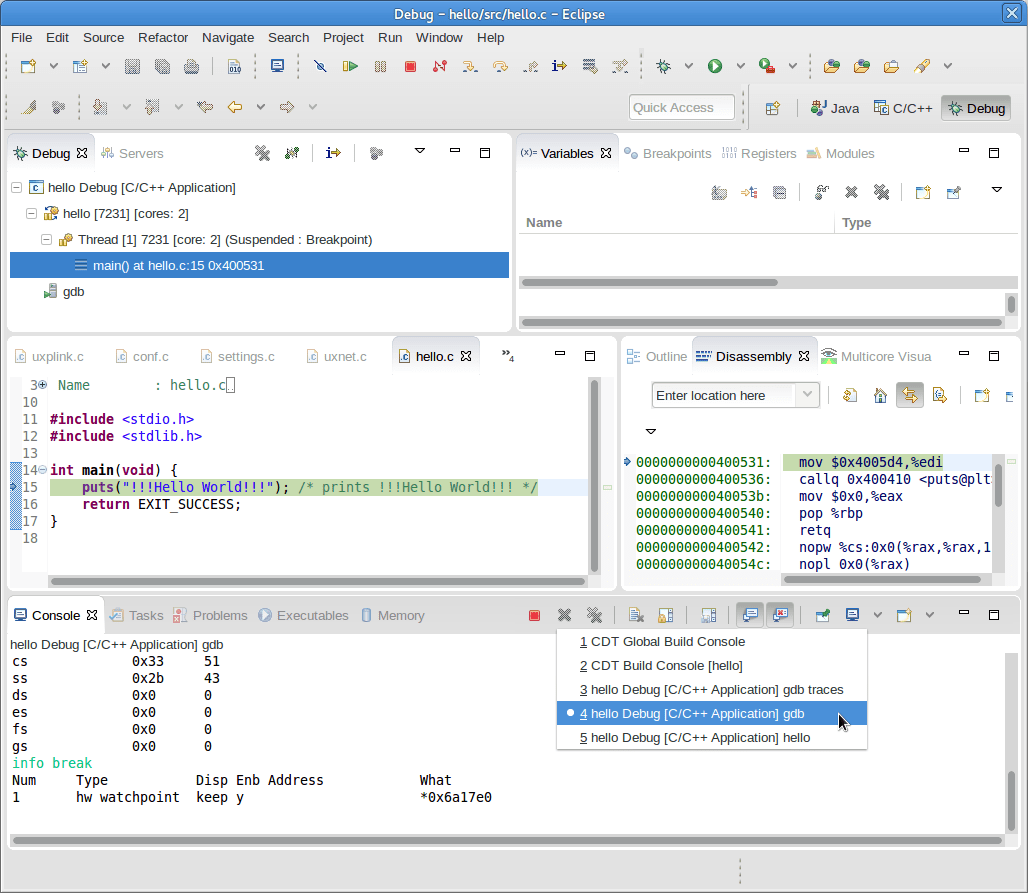 eclipse debug view with gdb console shown