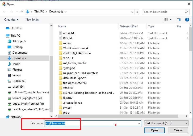 File browser dialog with wrapped default filename