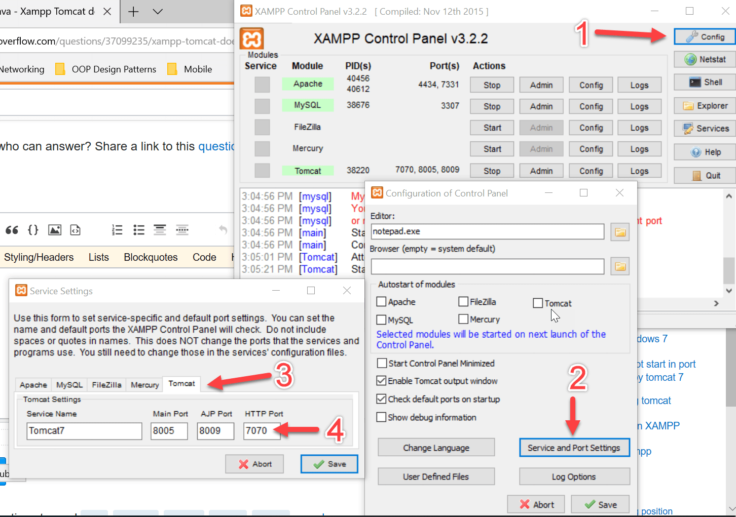 Just go to xwamp panel > config > click on tomcat tab and changes the port no. java - Xampp Tomcat doesn't start return code: -1073741510