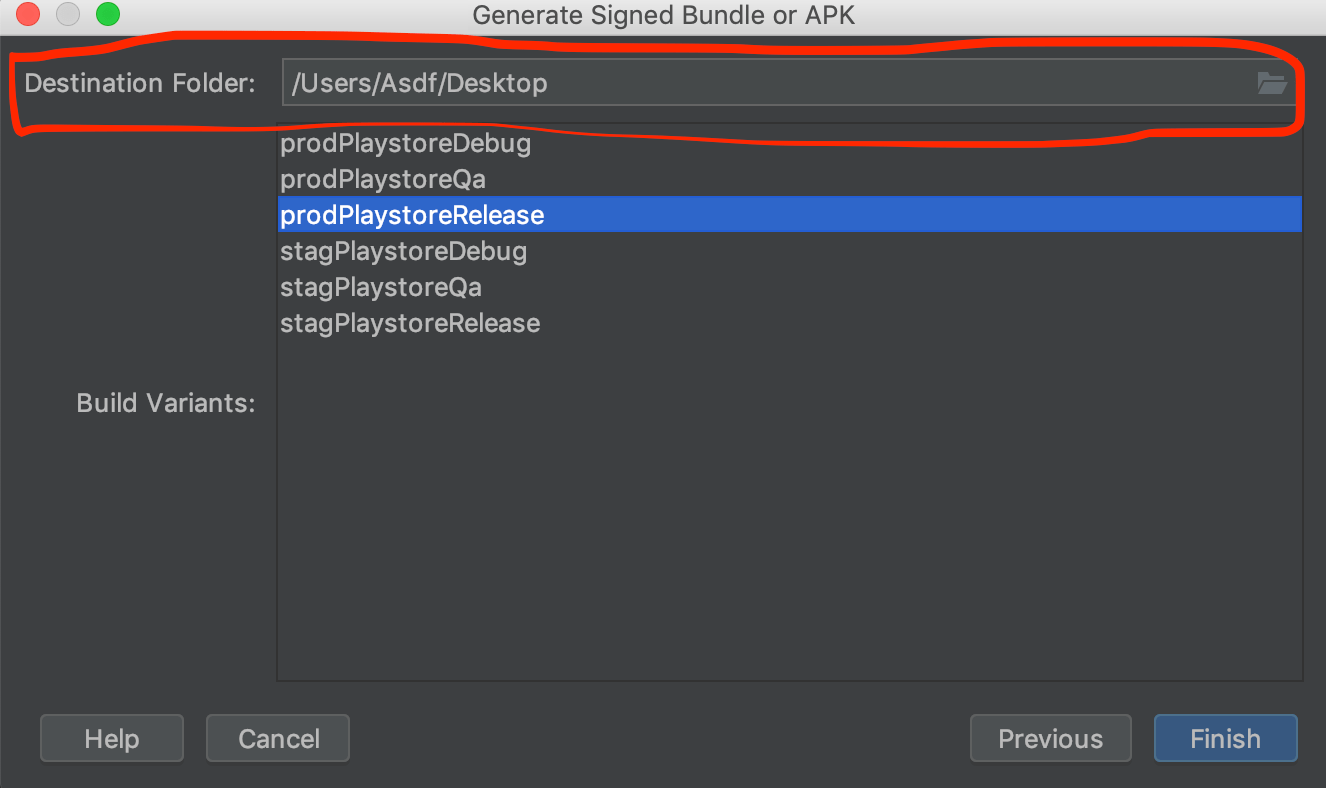 Android studio destination folder screenshot