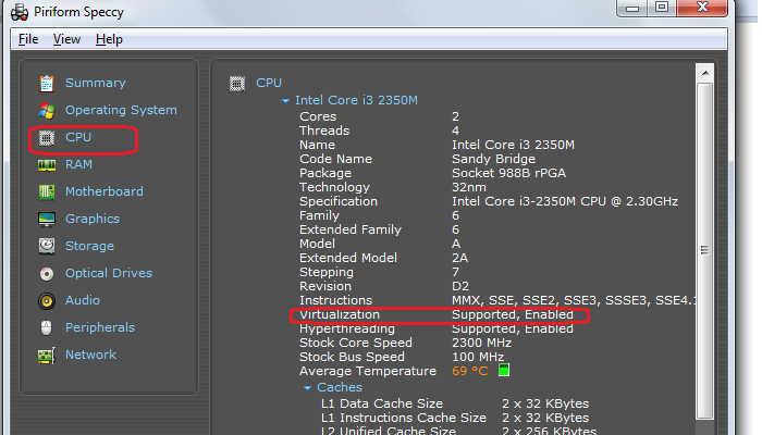 Check if virtualization enabled with Speccy