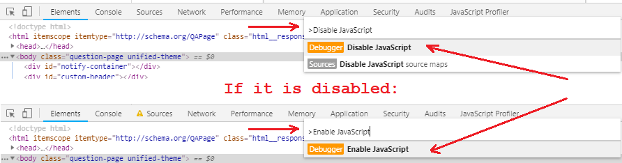 disable JavaScript in chrome developer tools