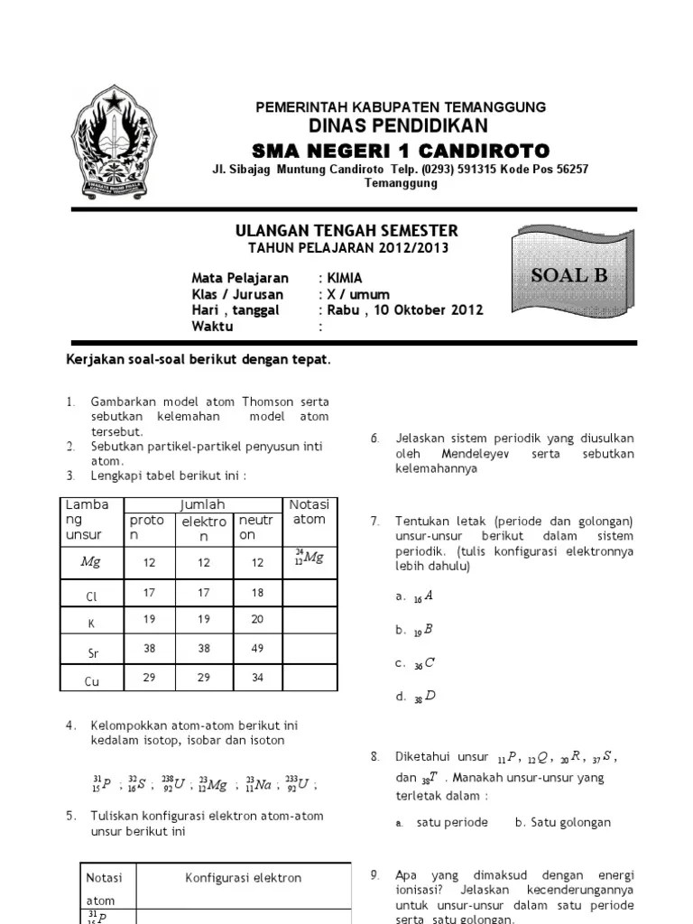 Contoh Soal Uts Kimia Kelas 10 Semester 1 Kurikulum 2013