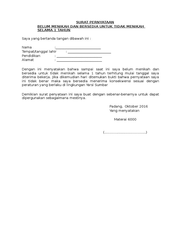 Berikut ini adalah cuplikan isi surat pernyataan bersedia tidak menikah selama magang di jasa raharja terbaru menyatakan untuk tidak akan menikah selama menjadi peserta magang di pt jasa raharja. Contoh Surat Bersedia Tidak Menikah Selama Magang Cute766