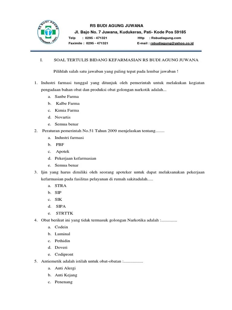 Soal Untuk Asisten Apoteker Beserta Jawabannya