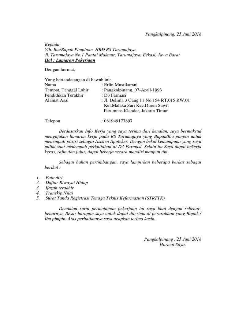 Contoh Surat Lamaran Kerja Asisten Apoteker – Kami