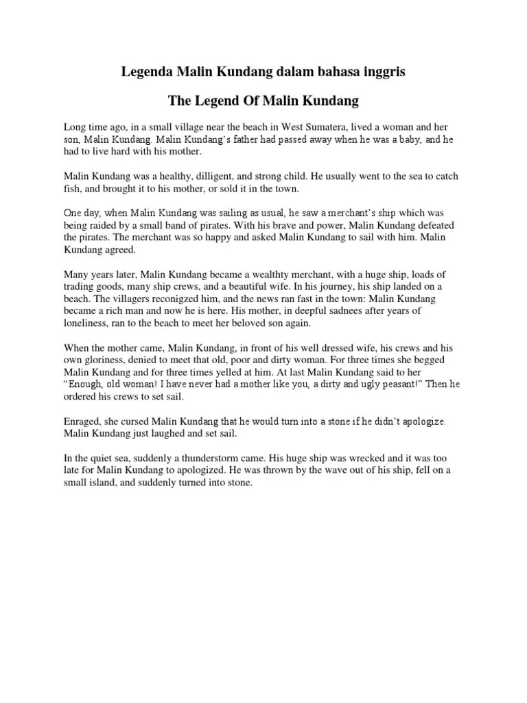 Cerita Rakyat Malin Kundang Singkat Dalam Bahasa Inggris