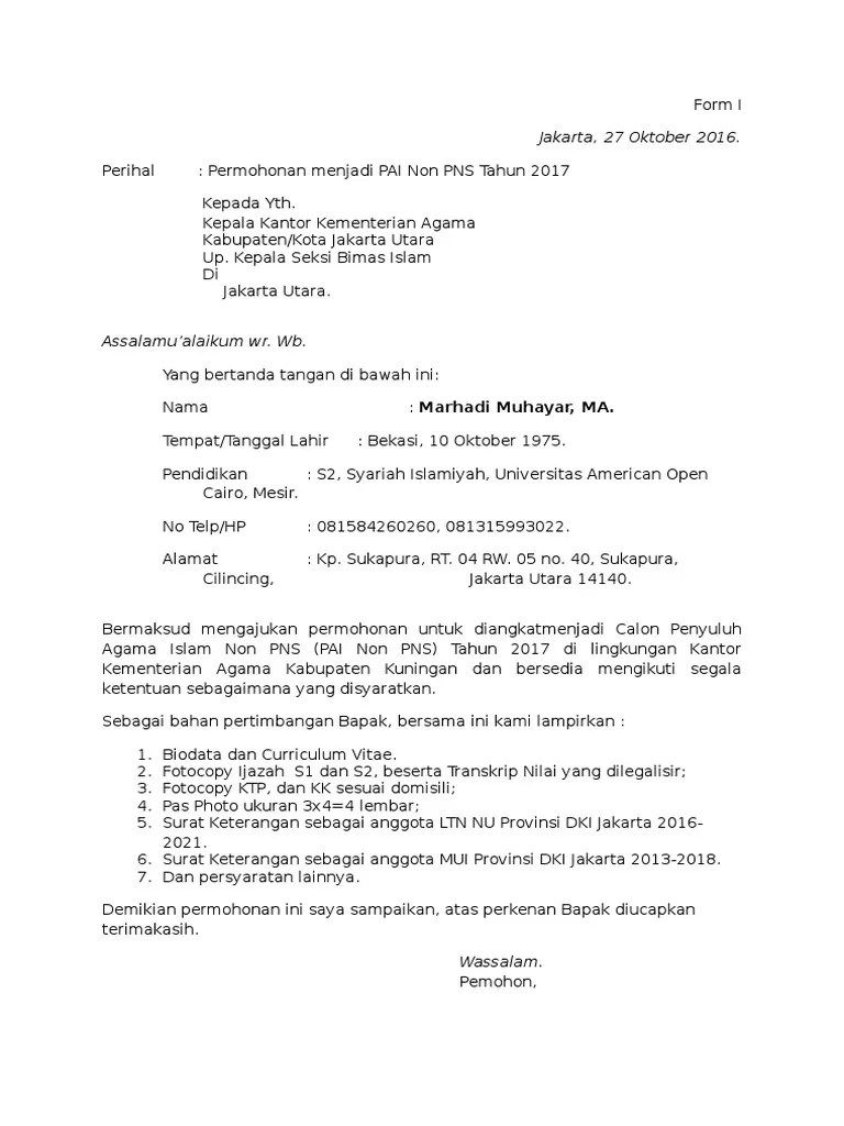 Contoh Surat Lamaran Penyuluh Agama Islam Non Pns - Kumpulan Contoh Surat  dan Soal Terlengkap