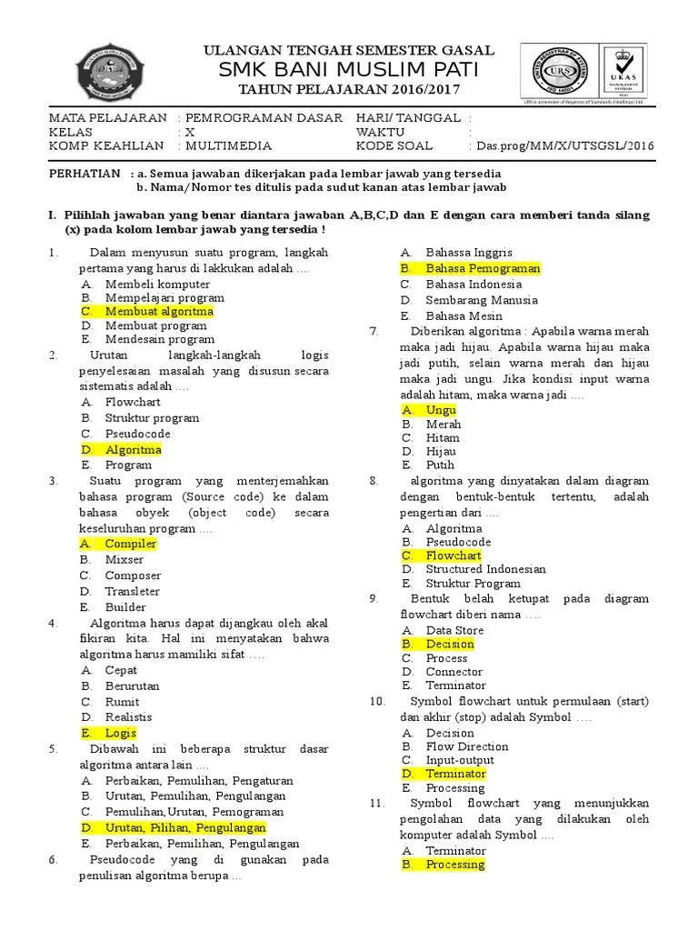 Soal Dan Jawaban Ulangan Pemrograman Dasar - Kumpulan Contoh Surat dan Soal  Terlengkap
