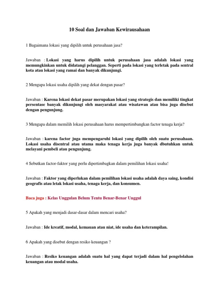 Soal Jawab Tentang Kewirausahaan - Kumpulan Contoh Surat dan Soal Terlengkap
