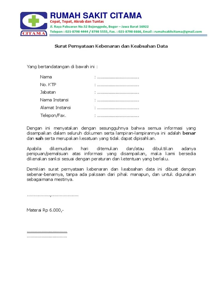 Surat Pernyataan Keabsahan Dokumen Ut : Surat Pernyataan Kebenaran Data Dan  Keabsahan Dokumen S1 Pgsd Paud Masukan Sarjana