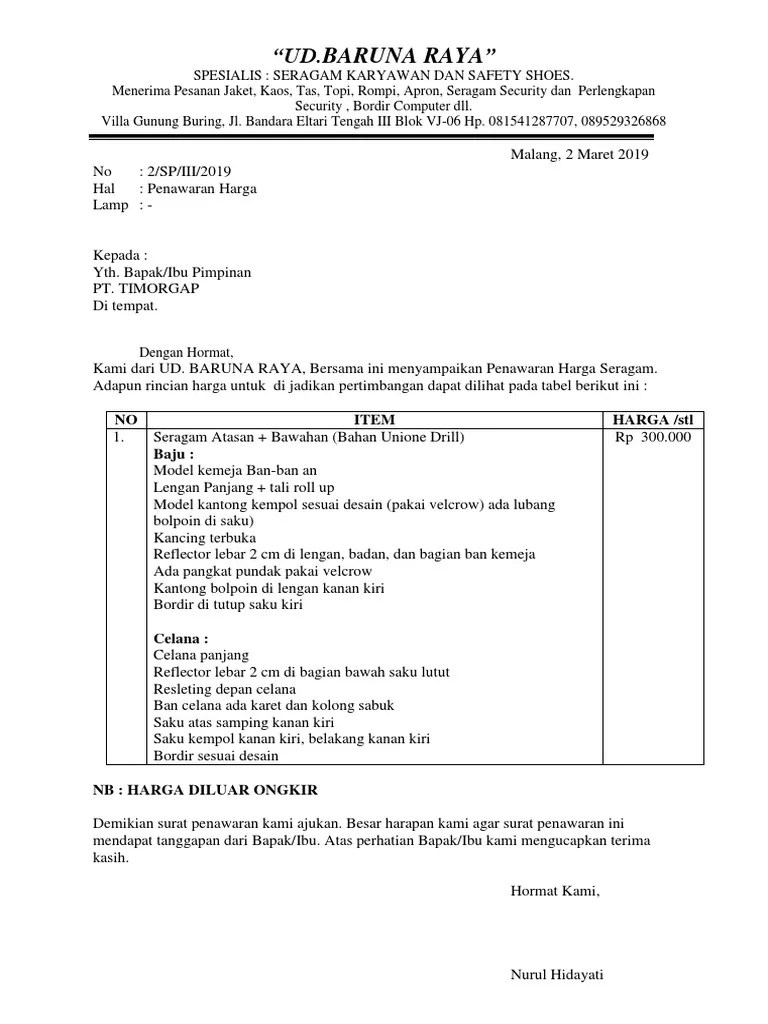 Contoh Surat Penawaran Harga Baju Seragam - Kumpulan Contoh Surat dan Soal  Terlengkap