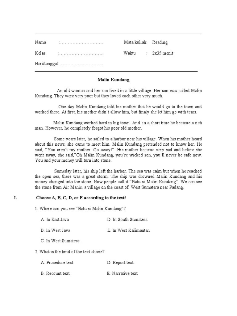 Soal Dan Jawaban Narrative Text Malin Kundang - Kumpulan Contoh Surat dan  Soal Terlengkap