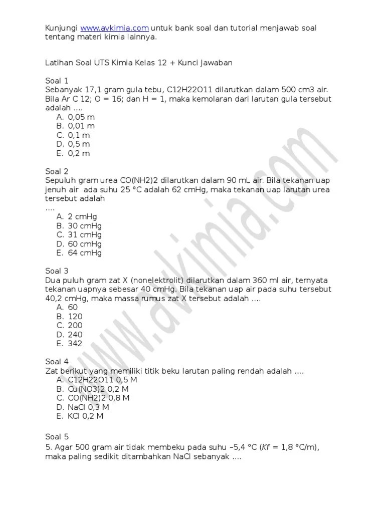 Soal Pat Kimia Kelas 10 Semester 2 Pdf