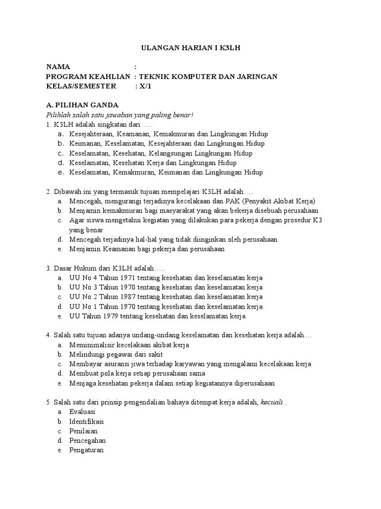 Soal Essay Dan Jawaban K3lh Tkj - Kumpulan Contoh Surat dan Soal Terlengkap