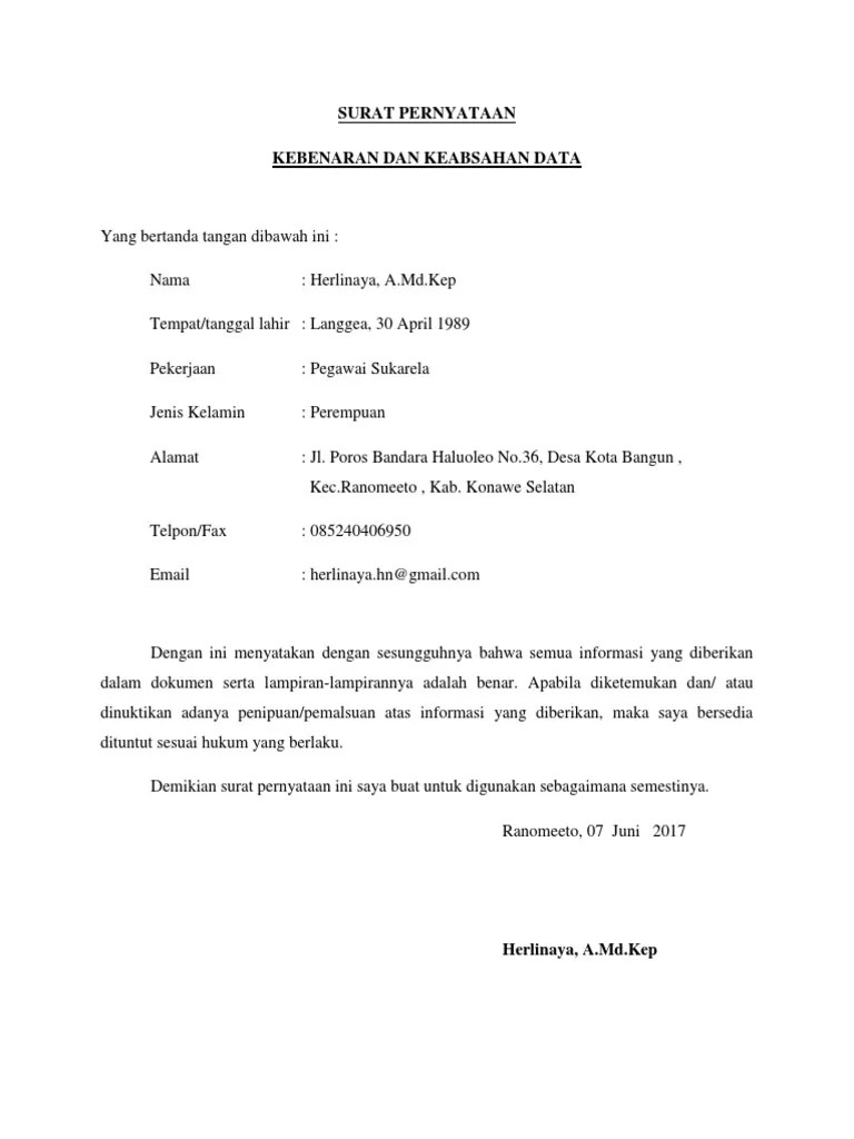 Contoh Surat Pernyataan Kebenaran Data - Kumpulan Contoh Surat dan Soal  Terlengkap