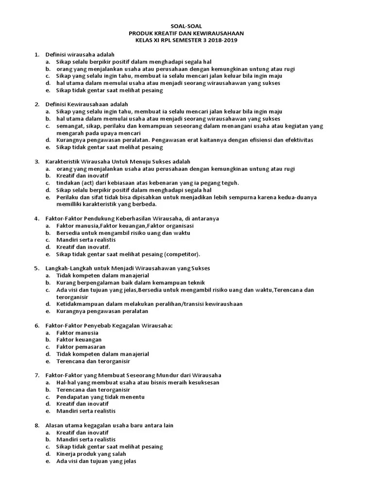 Soal Dan Jawaban Produk Kreatif Dan Kewirausahaan Kelas Xii - Kumpulan  Contoh Surat dan Soal Terlengkap