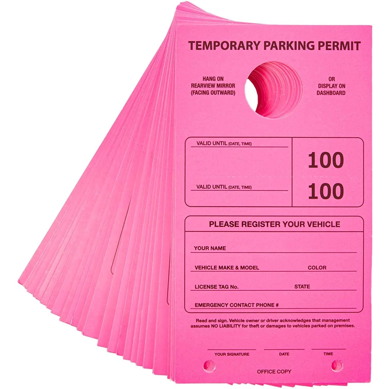 100pcs printable temporary parking permit hang tags numbered 1 100 with tear off stub parking pass hanging over car rear mirrors neon pink walmart com