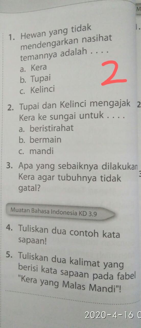 4. Tuliskan dua contoh kata sapaan! 5. Tuliskan dua kalimat yang berisi  kalimat sapaan pada fabel - Brainly.co.id