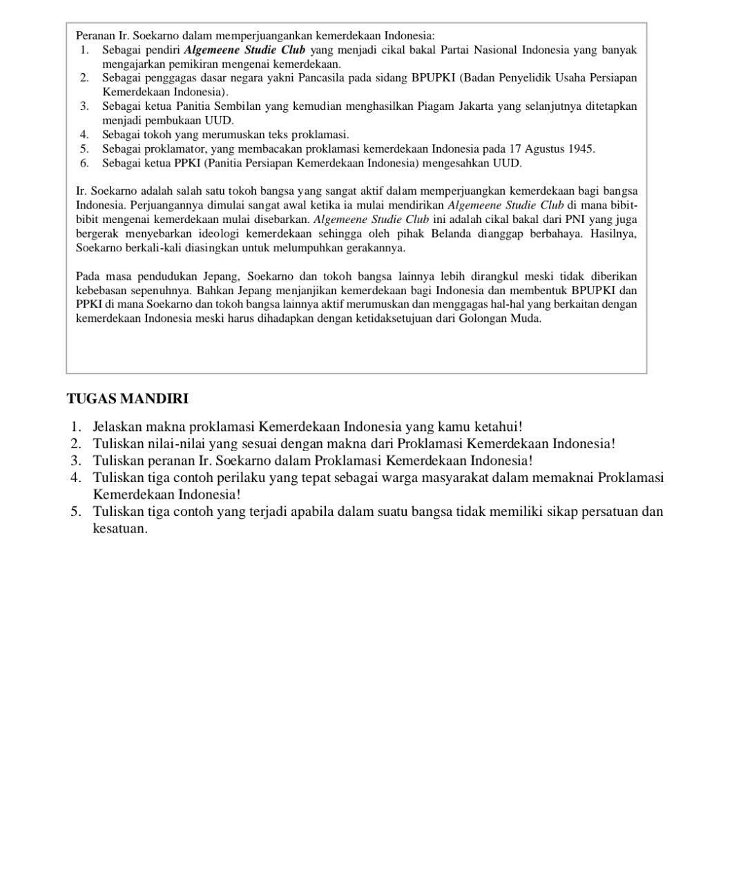 1. Jelaskan makna proklamasi Kemerdekaan Indonesia yang kamu ketahui! 2.  Tuliskan nilai-nilai yang - Brainly.co.id