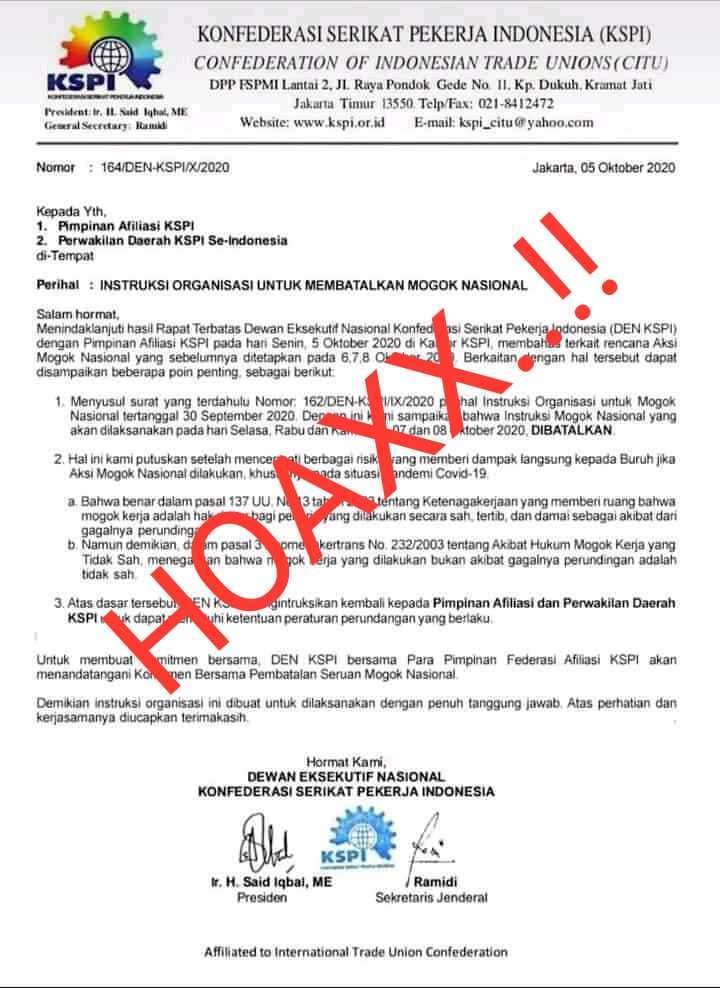 Surat Pembatalan Mogok Kerja, KSPI Sebut Surat itu Hoax! - kabarminang.id