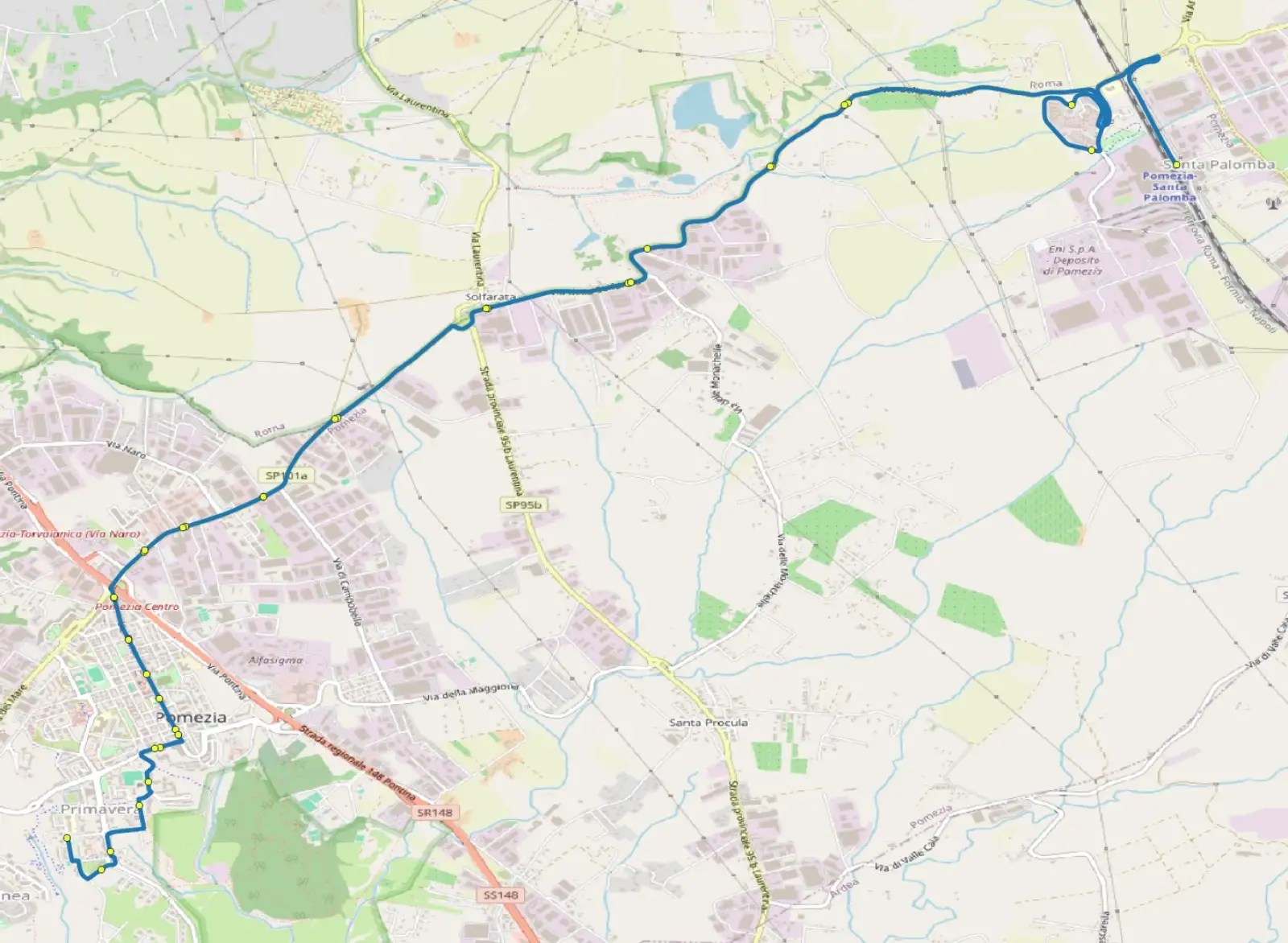 TPL Pomezia mappa del percorso della Linea P01A