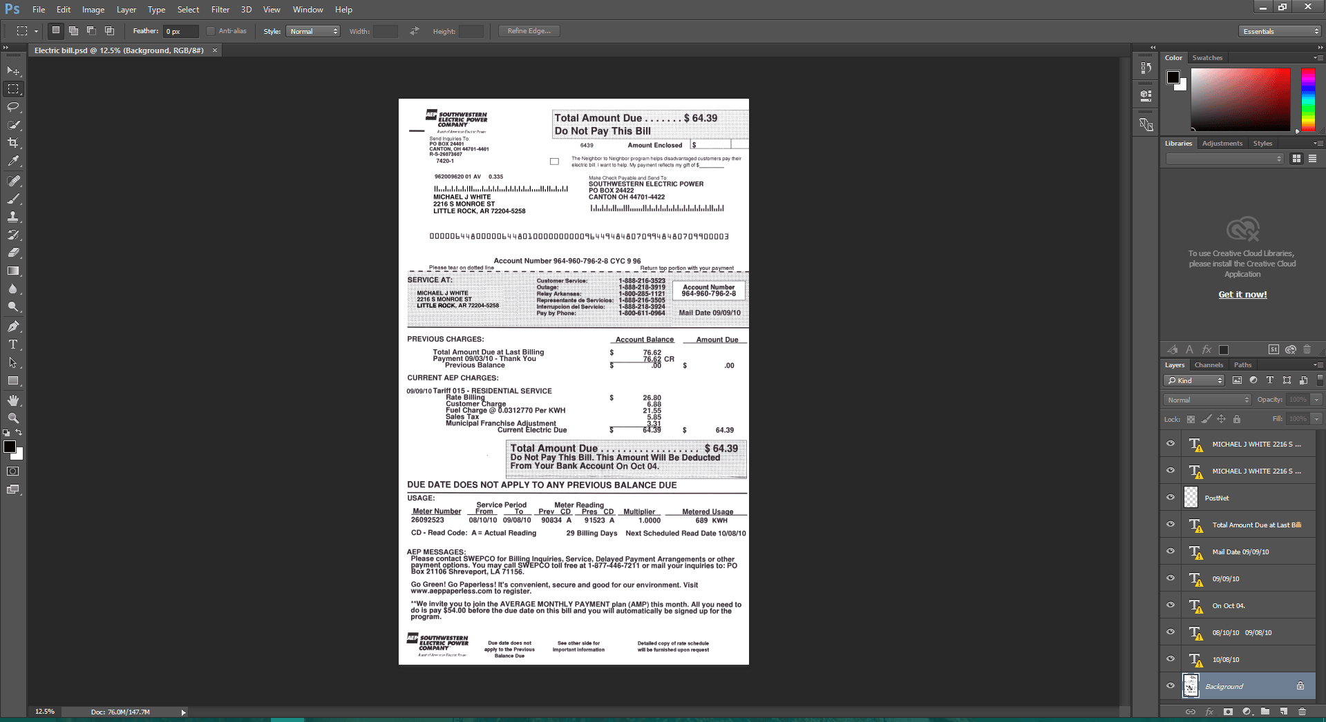 SouthWestern Electric Bill psd template blankhack