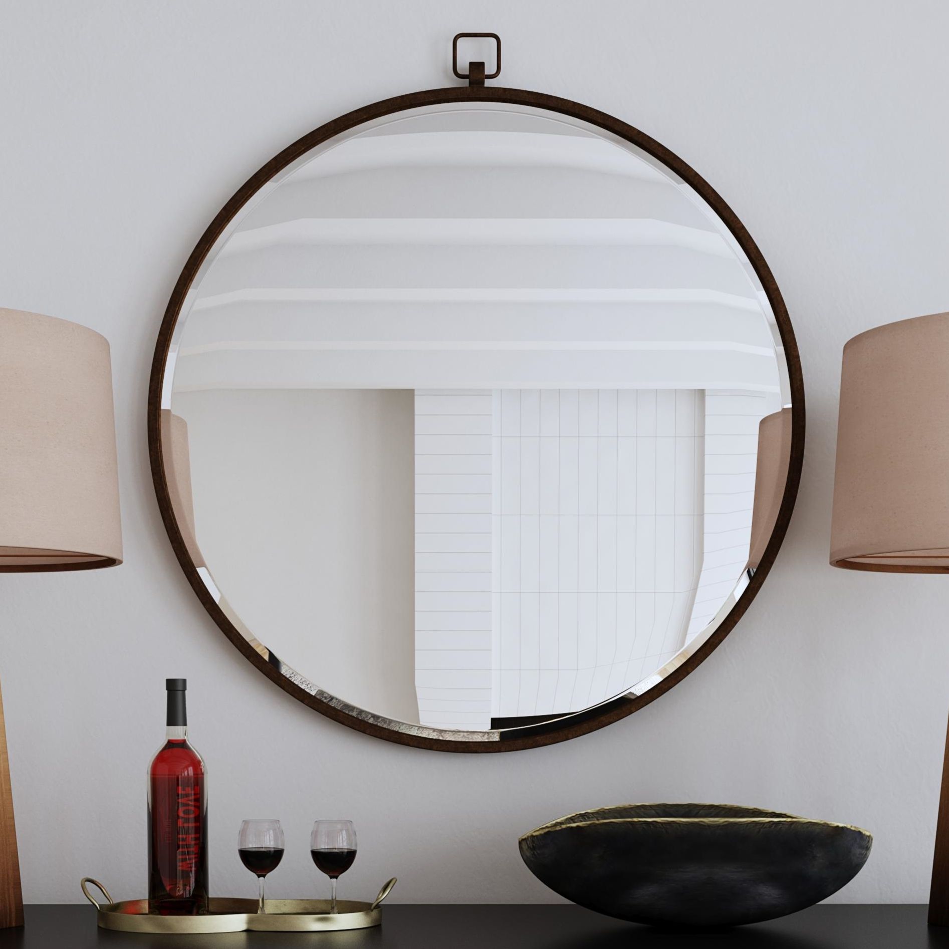 Transitional style hermosa wall mirror in a gold leaf finish. quinn antique bronze 36 round wall mirror