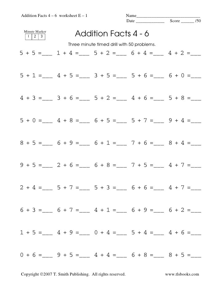 addition fluency drill math facts