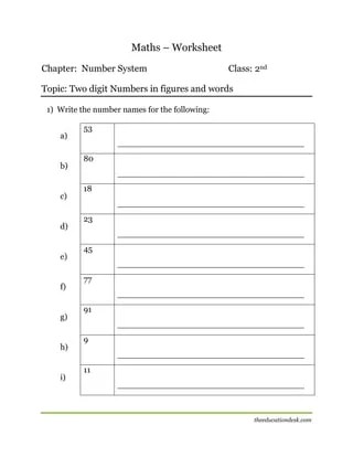 maths number system worksheet cbse grade ii