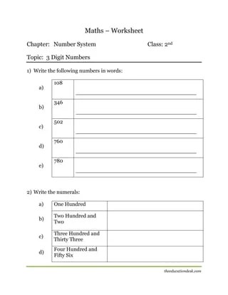 maths number system worksheet cbse grade ii