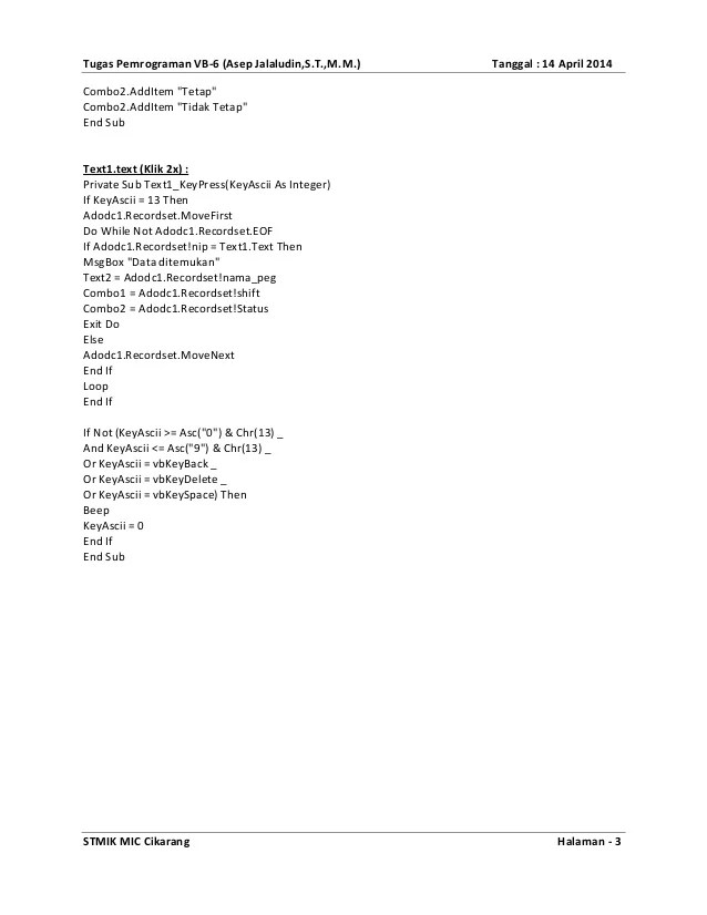 Tugas pemrograman vb6 pengetikan coding pada form front office