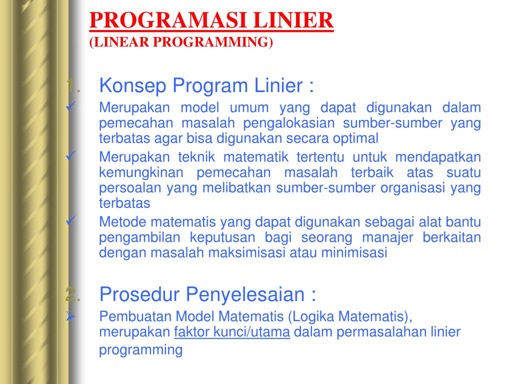 PPT - PROGRAMASI LINIER (LINEAR PROGRAMMING) PowerPoint Presentation, free  download - ID:3817284