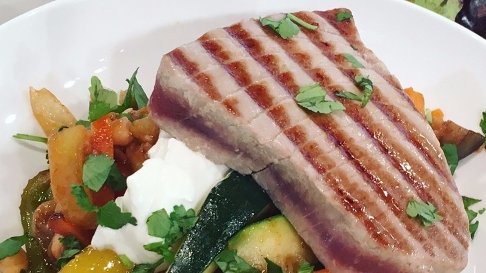 How to sear tuna · heat a skillet to medium high heat with a small drizzle of olive oil. Seared tuna steak with roasted vegetables | This Morning