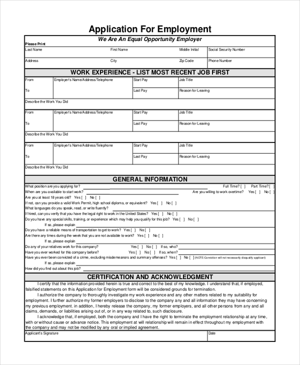 free 12 sample application for employment forms in pdf