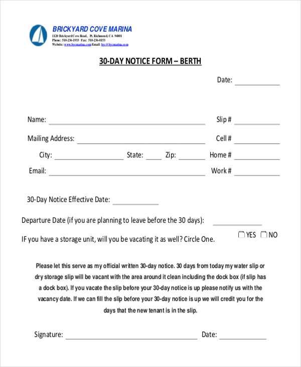 free 9 sample 30 day notice forms in pdf ms word