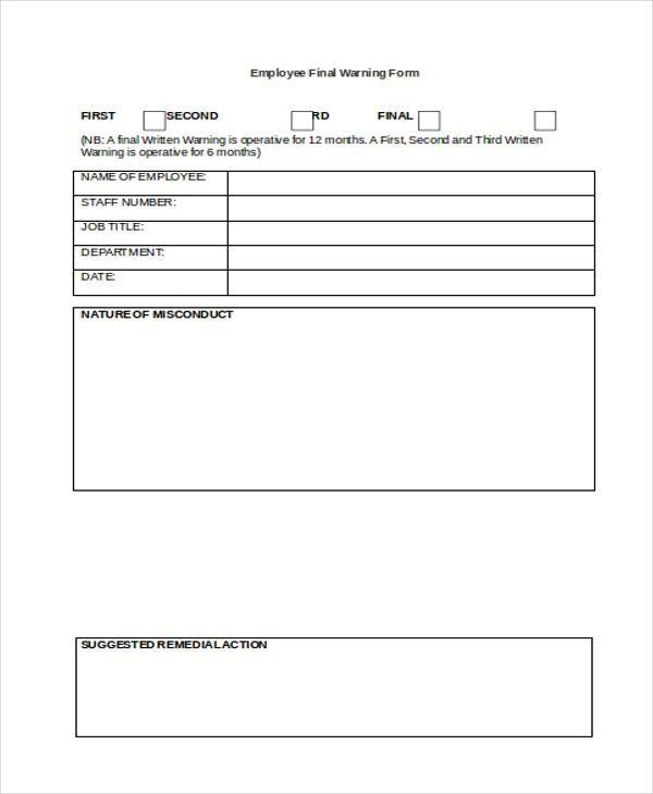 free 9 sample employee warning forms in pdf ms word