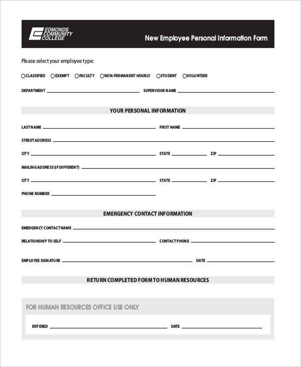free 9 sample employee personal information forms in pdf excel ms word