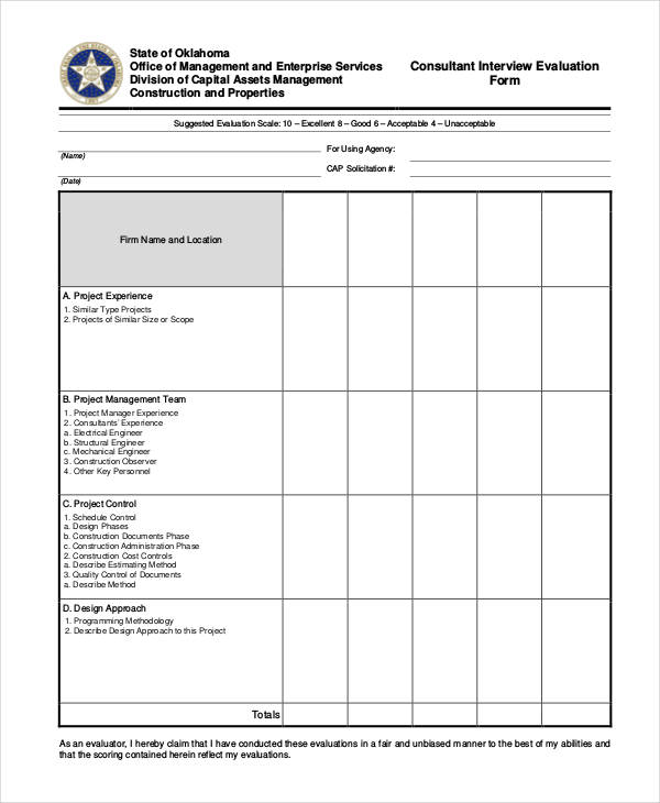 An interview evaluation form allows job interviewers to score an applicant's interview in a consistent way, comparing candidates fairly. Free 27 Interview Evaluation Forms In Pdf Ms Word Excel
