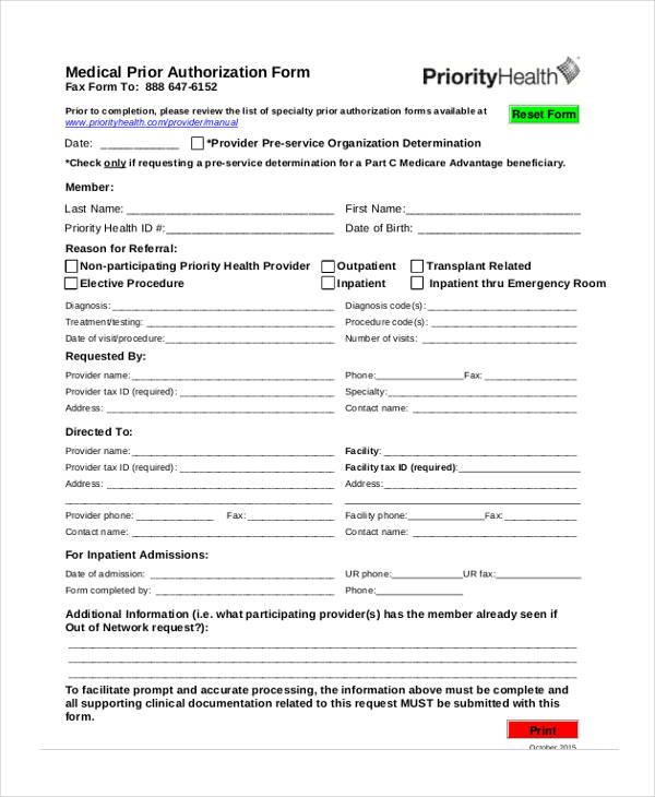 This information explains what it means if your doctor has prescribed a medication . Free 13 Prior Authorization Forms In Pdf Ms Word